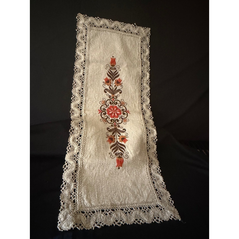 Vintage Floral Embroidered Cotton Linen Table Runner Lace Trim Cottagecore